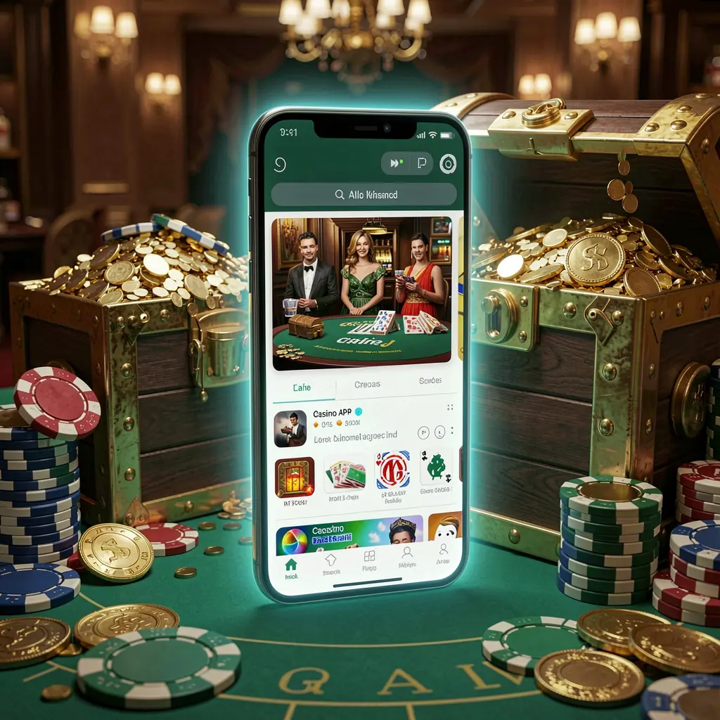 Adegan unduhan APK Kasino D59 yang menampilkan ponsel pintar bercahaya dengan tata letak aplikasi seluler bergaya Android, dikelilingi oleh peti harta karun, chip, dan koin dalam render 3D mewah