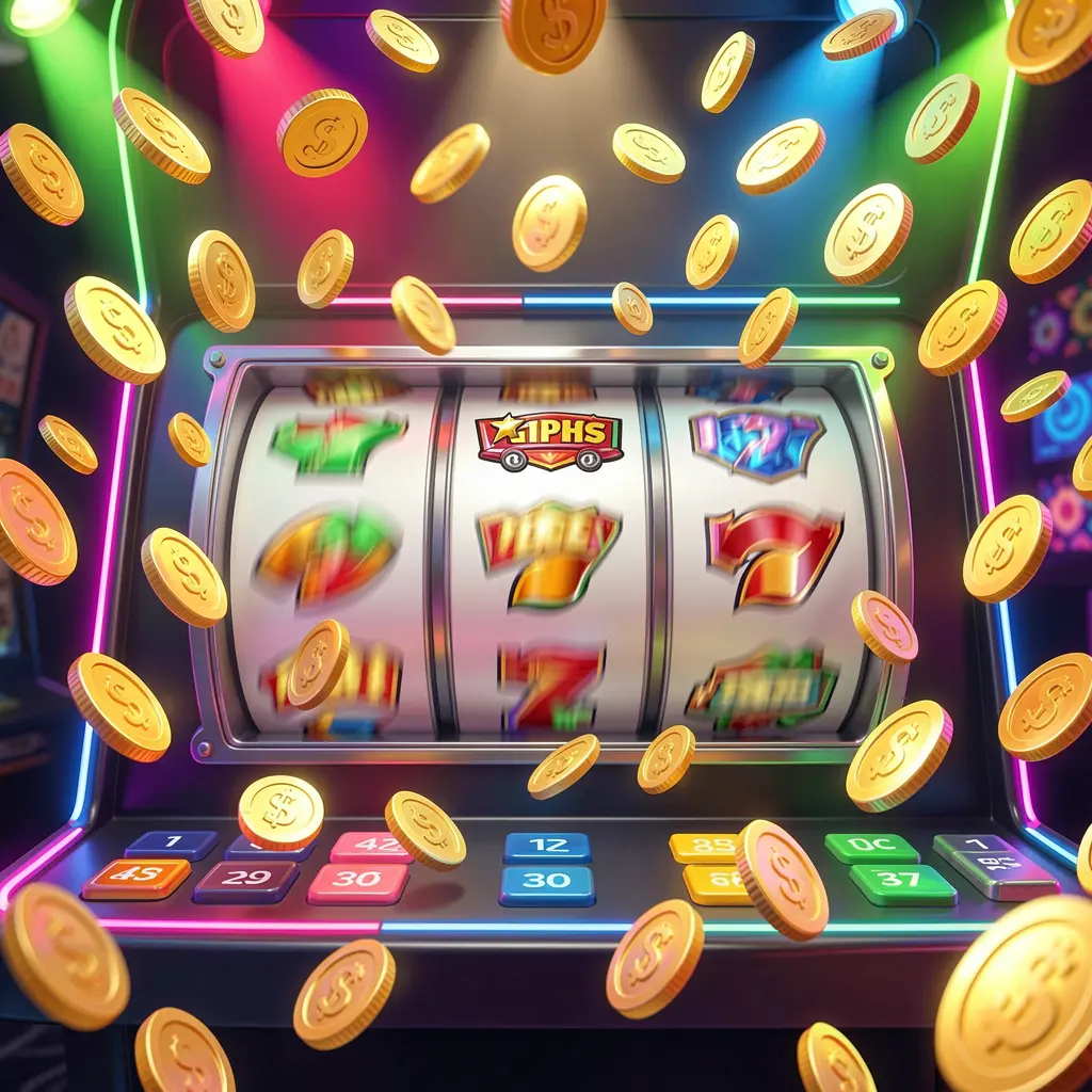 Gambar putaran gratis kasino D59 yang menampilkan gulungan mesin slot berputar dengan koin emas beterbangan ke segala arah dan lampu neon warna-warni menciptakan suasana jackpot yang menarik dalam ilustrasi 3D premium