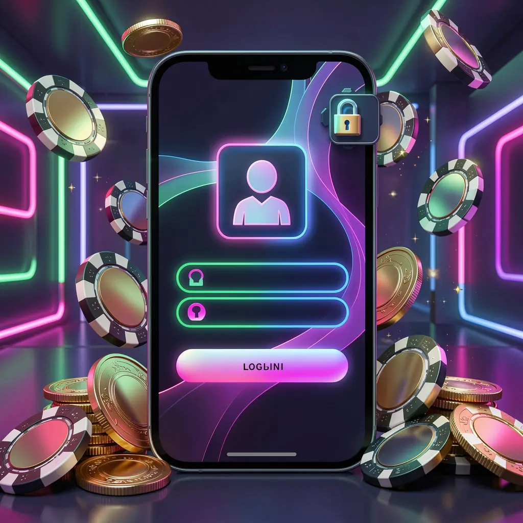 Konsep halaman masuk game seluler D59 pada ponsel pintar dengan antarmuka masuk abstrak yang menampilkan ikon pengguna dan kunci, dikelilingi oleh chip kasino dan koin yang diterangi pencahayaan neon mewah