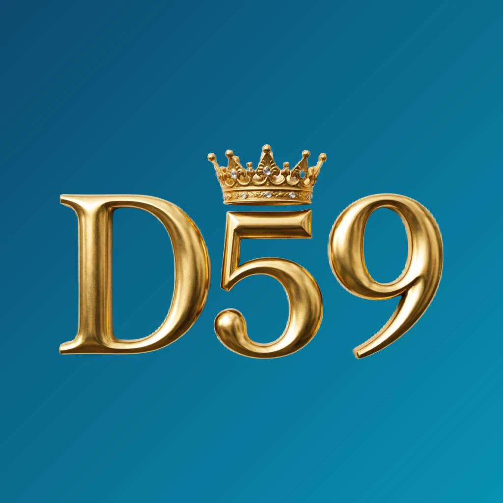 Logo desain mewah D59 dengan mahkota emas di atas huruf, sentuhan metalik emas, nuansa merek mewah, latar belakang transparan, logo wordmark horizontal untuk header situs web