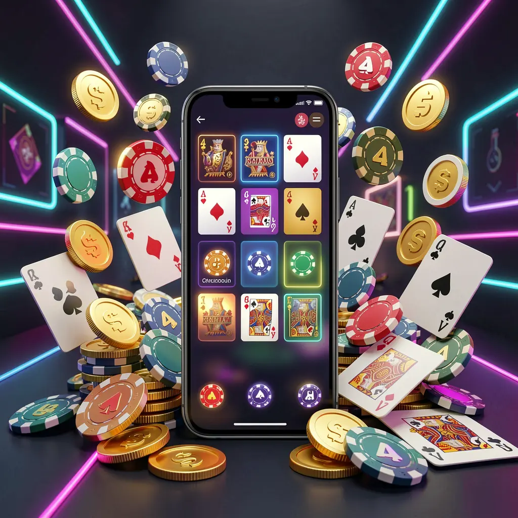 Konsep beranda kasino seluler D59 yang menampilkan ponsel pintar dikelilingi oleh koin emas, chip, kartu, dan ikon bercahaya pada latar belakang gelap modern dengan aksen neon